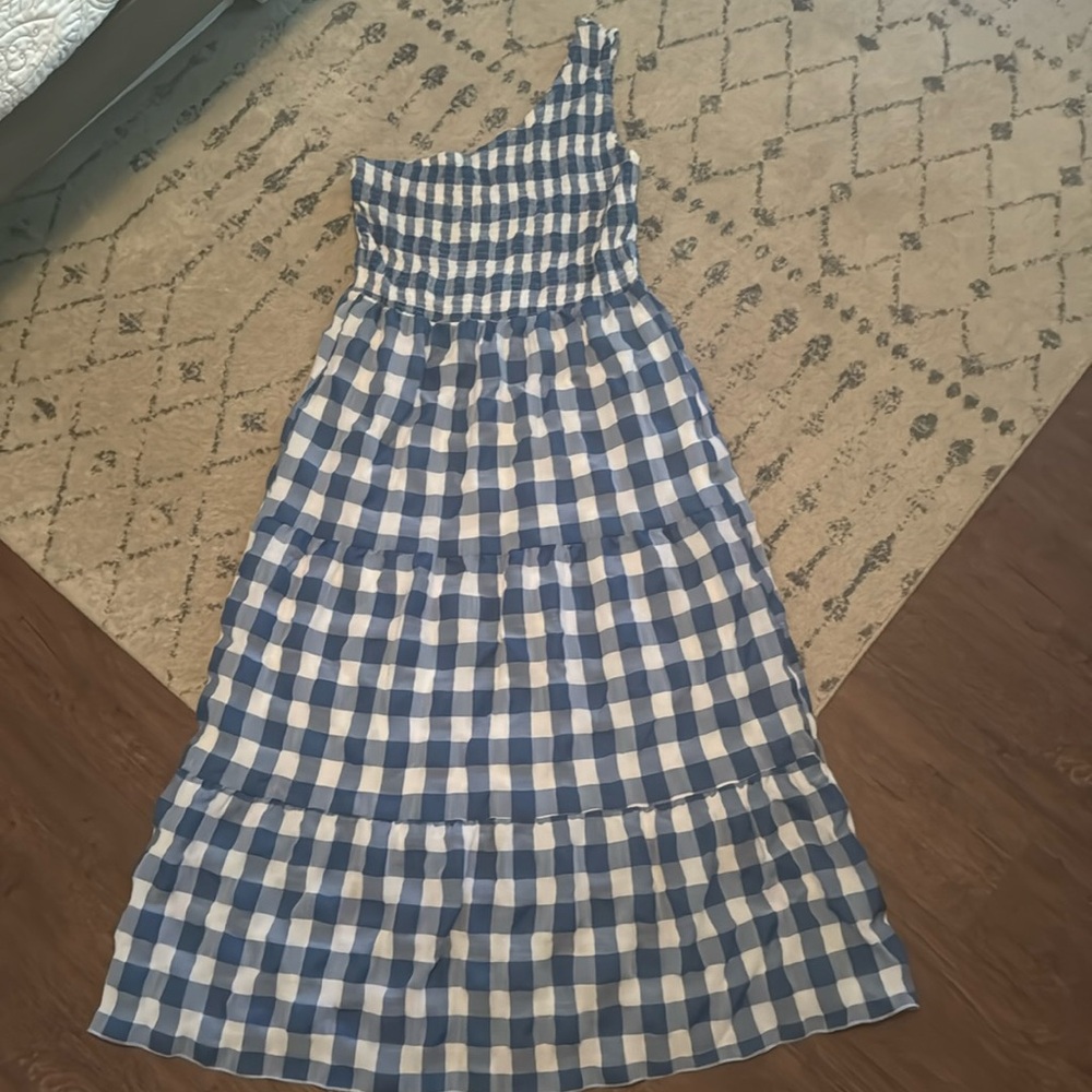 One Shoulder Blue/White Checked